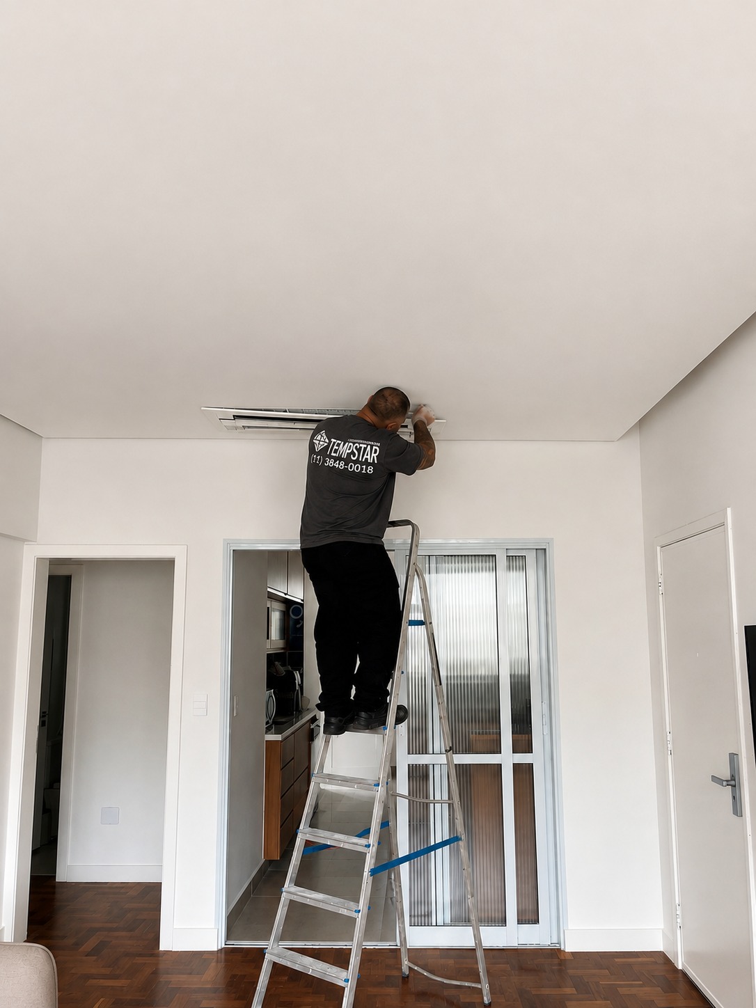 Técnico Temppstar instalando evaporadora cassete no forro