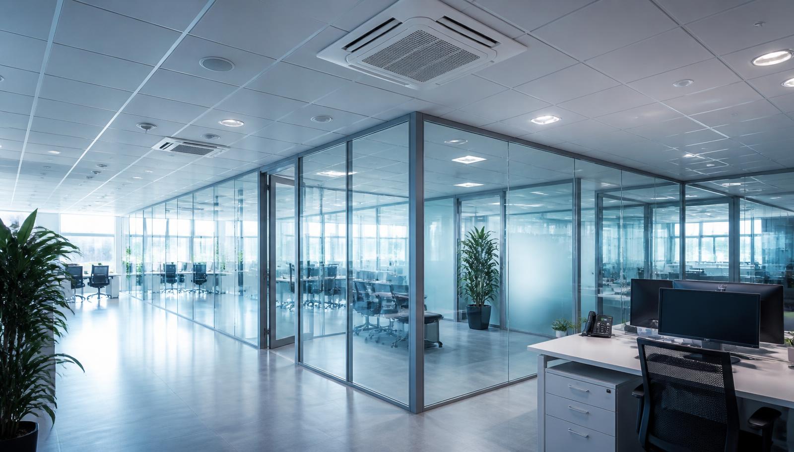 Ambiente comercial climatizado com equipamentos de ar-condicionado