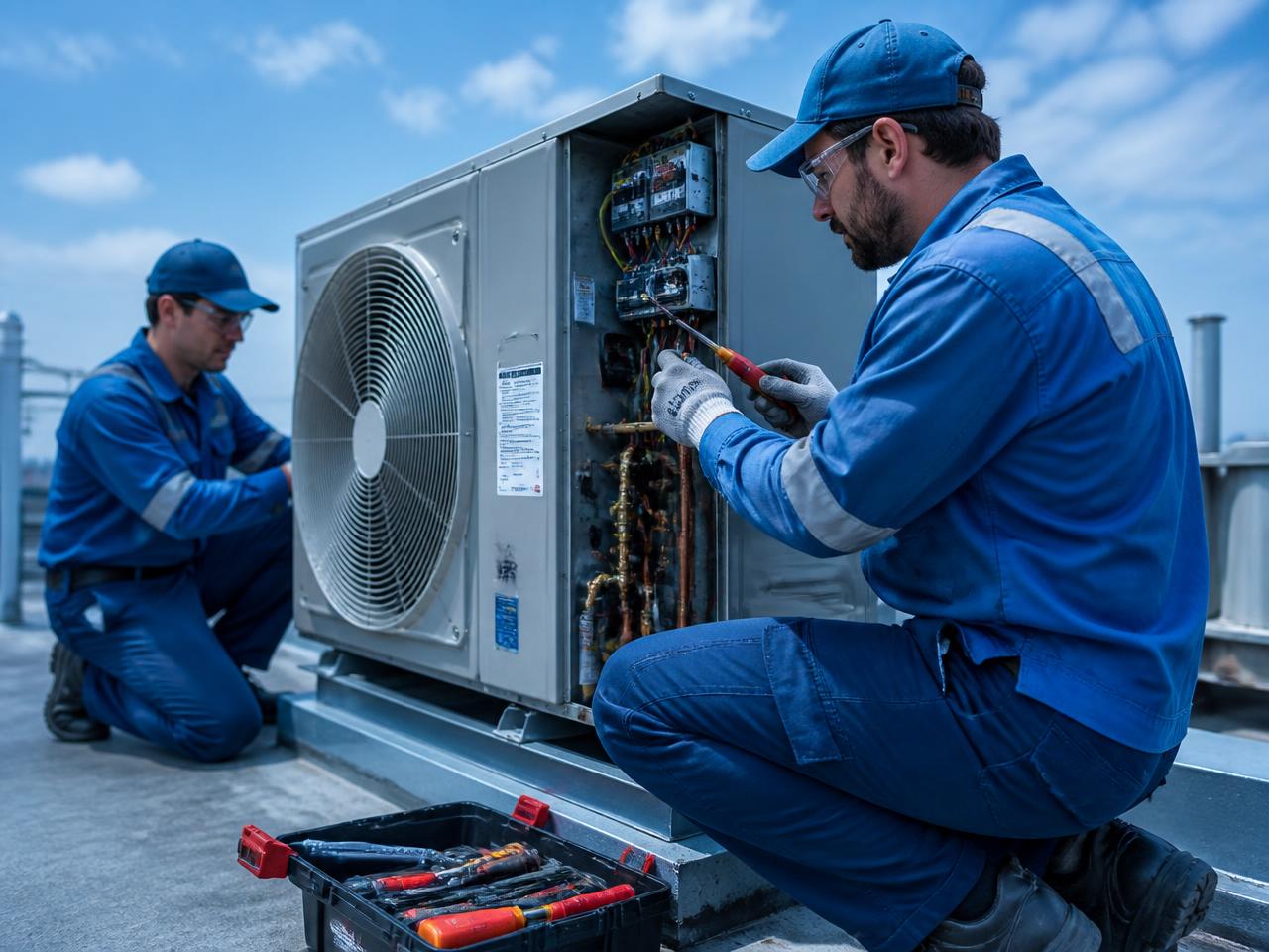 Equipe técnica da Temppstar realizando manutenção em condensadora